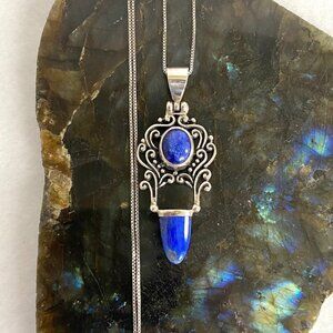 Sterling Silver 925 Lapis Lazuli Scrollwork 2 Stone Pendant Necklace 18" Chain